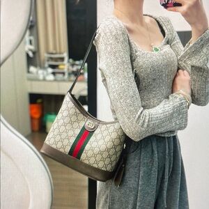 Gucci Beige GG Canvas Shoulder Bag with Green-Red Web Stripe